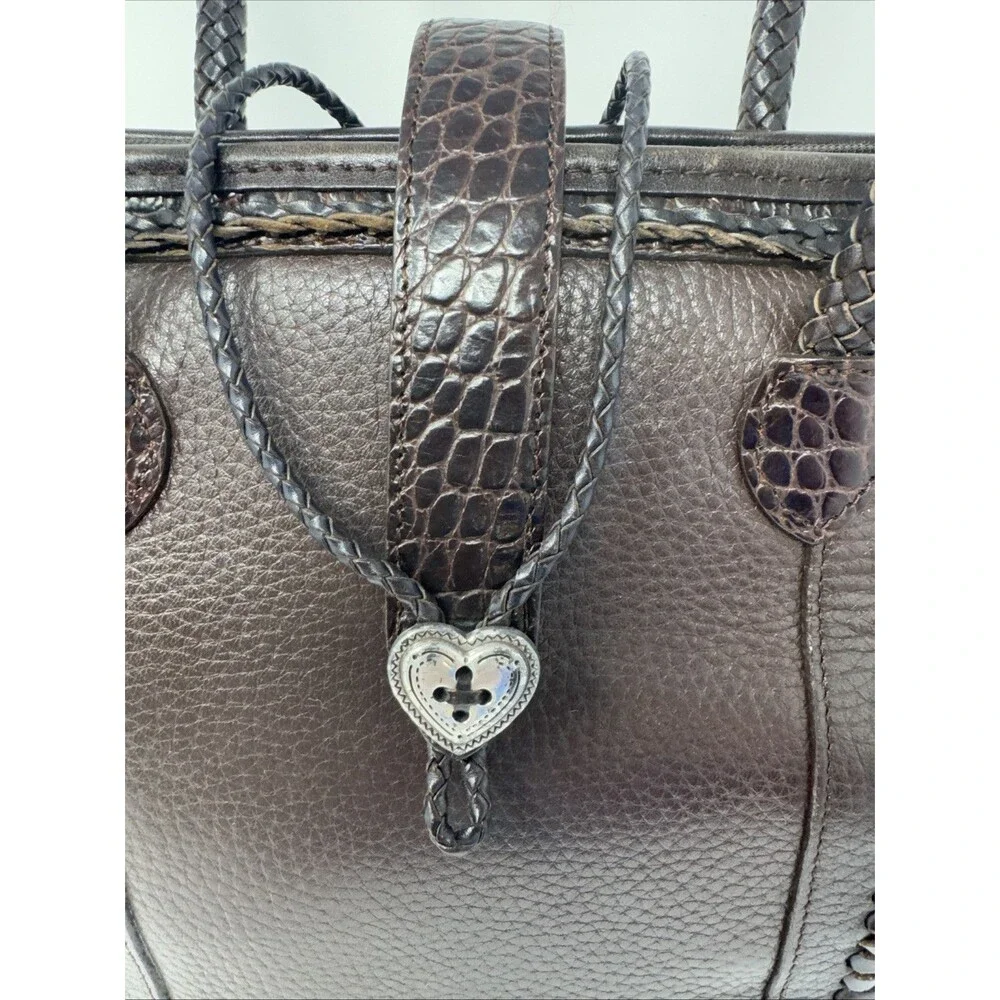 Brighton Brown Pebbled Leather Shoulder Bag w/2 Braided Handles Heart Closure